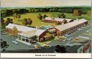 Postal Ramada Inn Motel de Cincinnati, Ohio, década de 1960 - vista del artista en la carretera sin usar - Imagen 1 de 2