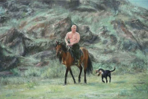 oil painting on canvas of man riding a horse in mountains with his black dog - Picture 1 of 12