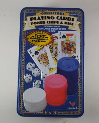 Collectors Playing Cards Poker Chips and Dice inTin Holder - Image 1 of 4