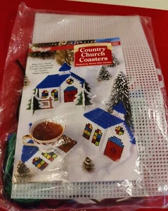 Needlecraft Shop Christmas Trimmings Country Church Coasters Plastic Canvas Kit - Picture 1 of 8