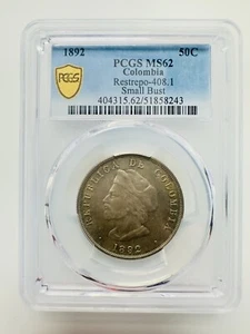 Colombia 50 centavos 1892 Restrepo-408.1 Small Bust PCGS MS62 Silver (.835) - Picture 1 of 2
