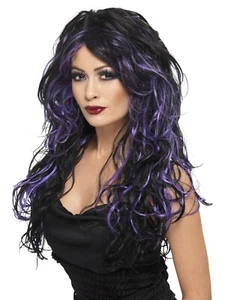 Gothic Black & Purple Long Wavy with Fringe Cosplay Wig Fancy Dress Accessories - Picture 1 of 1