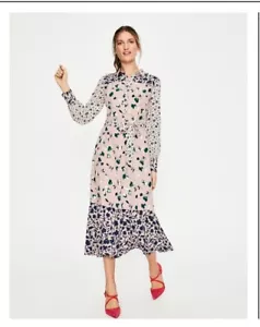 Boden Sybil Shirt Dress Sz US 18R Pink Floral Midi Length Tie Waist Long Sleeve - Picture 1 of 6