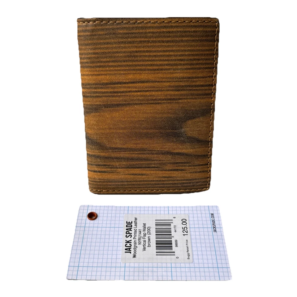 Jack Spade Woodgrain Printed Leather Vertical Flap Bifold Card Case Wallet RARE - Image 1 of 4