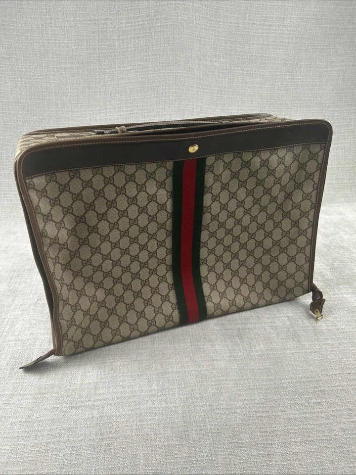 Vintage Gucci GG Supreme Monogram Travel Bag Suitcase Web Stripe Brown Canvas - Image 1 of 4