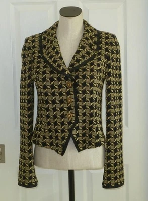 Beautiful ST JOHN COLLECTION Black Yellow Houndstooth Pleat Trim Knit Blazer 4 - Image 1 of 4