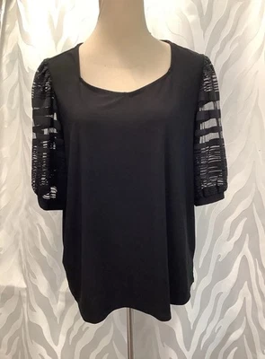 89th + Madison Plus Size 2X Black Sheer 3/4 Puff Sleeve Stretch Knit Blouse - Image 1 of 4