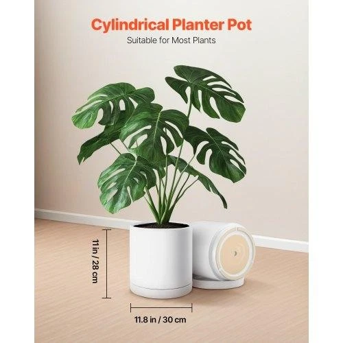 VEVOR 12 in Cylinder Ceramic Planter Pot with Saucer Drainage Holes Home Decor