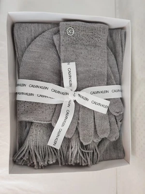 CALVIN KLEIN 3 Piece Studded Set Hat, Scarf, Touch Gloves Grey Silver New In Box - Image 1 of 4