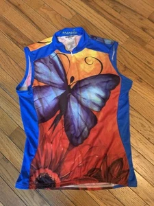 PEARL IZUMI Morpho Cycling Shirt Top Women's M Red Blue Butterfly Print 1/2 Zip - Picture 1 of 10