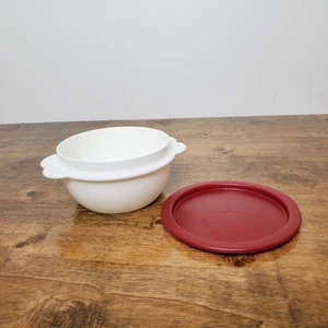 Tupperware Vintage One Touch Bowl 16oz White #2514 Red Lid #2423 Storage Contain - Picture 1 of 8