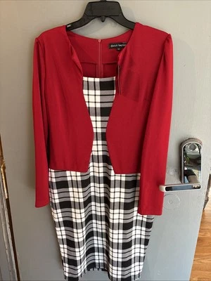 Oxiuli Fashion Women’s Medium Red And Black/White Checked Long Sleeve Dress - Image 1 of 4