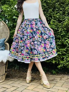 Vintage 1980s Midi Skirt Bold Floral Print Elasticated Waist And Pockets Size 14 - Picture 1 of 7
