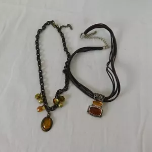 Cookie Lee Lot of 2 Necklaces Amber Orange Colors Cameo Brown Bronze Cord Chain - Picture 1 of 10