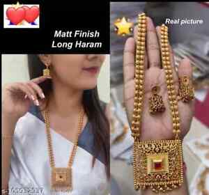 South Indian Bollywood Matt Gold Plated Bridal Kempu Temple Necklace Jewelry