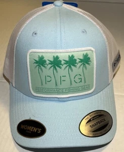 NUEVO CON ETIQUETAS Columbia PFG Mujer Sombrero Pez Palmera Snapback Azul Claro Blanco Gorra Malla - Imagen 1 de 2