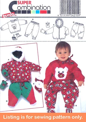 SEWING PATTERN Baby Clothes - Winter Coat Hood Mittens Sweatsuit Teddy Bear 4215 - Image 1 of 2