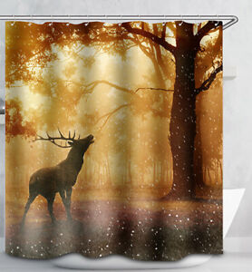 Deer in Woods Shower Curtain Autumn Snow Rustic Lodge Cabin Fall Tree Forest