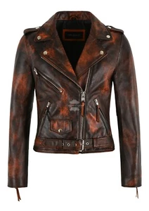 BRANDO Damas Chaqueta de Cuero Naranja Oxidada Clásica Motociclistas Moda Chaqueta de Cuero - Imagen 1 de 6