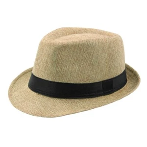 Men Women Tan Fedora Hat, Straw Trilby Cuban Sun Cap Panama Short Brim Floral - Picture 1 of 3