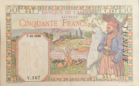 Tac20 - Tunisia 50 Francs Banknote 1939 Cover