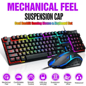 Rainbow LED Gaming Keyboard & Mouse Set Multicolor Changing Backlight Mouse Mice - Picture 1 of 13