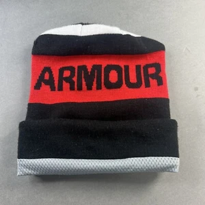 Under Armour Hat Large Black Red Mens Beanie Skully Spellout Used #15 - Picture 1 of 7