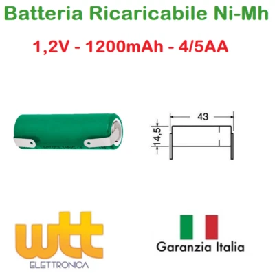 Batteria Ricaricabile NI-MH 4/5AA 1,2V 1200mAh 43x14,5mm a saldare - Immagine 1 di 3