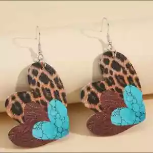 Leopard Faux Leather Heart Hook Dangle Earrings - Picture 1 of 2