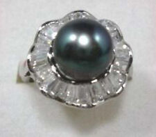 12mm Black South Sea shell pearl Gemstone Bead Jewelry ring size 7 8 9 AAA Grade