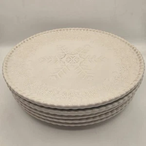Pier 1 Snowflake Dinner Plates Hand Painted Embossed Stoneware Set Of 5 - Picture 1 of 6