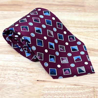 Christian Dior Silk Tie Burgundy Geometric Diamond and Dot Pattern Made in USA - Image 1 of 4