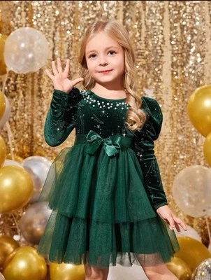 Vestido de fiesta de Navidad de terciopelo empalme de malla cuello redondo manga larga para niñas Foto 1 de 4