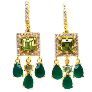 925 Sterling Silver 5 x 5 MM. Green Peridot, Agate, Sapphire & Zircon Earrings - Picture 1 of 4