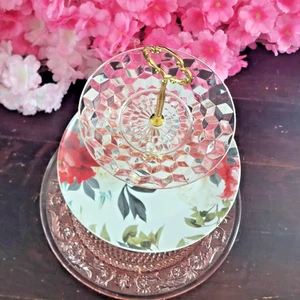 Handmade 3-Tier Floral & Pink Glass Cake Stand High Tea Dessert Tray Gift Idea - Picture 1 of 15