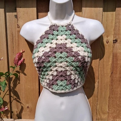 Top Halter Crochet Granny Stitch Tri Color Corbata Retro Verano Playa Ropa S, M Foto 1 de 4