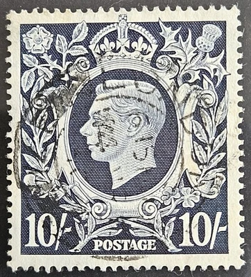 1939 GB GVI 10s Dark Blue “Blot on Scroll” Variety SG478ab, V-Fine Used CV£80 - Image 1 of 2