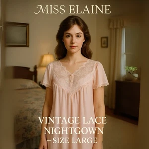 MISS ELAINE Nachthemd rosa Nylon L transparente Spitze Flatterärmel USA Union Made 80er - Bild 1 von 9