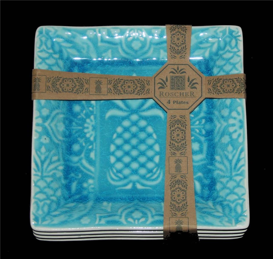 4 Roscher Turquesa Teal Crackle Repujado PIÑA HVY Gres Plato 8" Nuevo con Etiquetas Foto 1 de 1