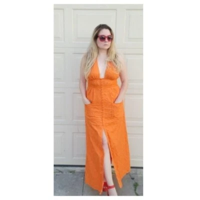 Maxi Vestido Halter para Mujer Catherine Malandrino Corte Largo Algodón Naranja Talla 8 Foto 1 de 4