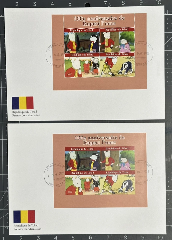 Chad 2020 Comics (2 LARGE FDC + SS) Rupert Bear Badger Cartoons (Perf. + Imperf) - Image 1 of 3