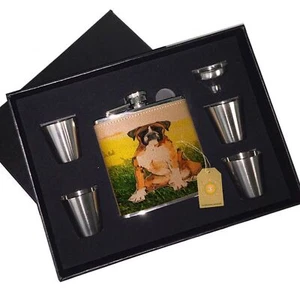 Entzückender Boxer Welpen Leder Flachmann Schwarz Box Geschenkset - Bild 1 von 2