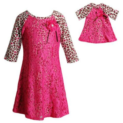 Girl 4 and18"  Doll Matching Pink Cheetah Dress Outfit Clothes American Girl - Image 1 of 2