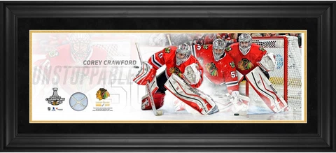 Corey Crawford Blackhawks 2015 Stanley Cup Champ Framed 10x30 Pano w/Used Net Cover