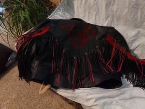 FANCY BLACK RED ROSE DESIGNED LARGE LADIES FRINGED JACKET - Picture 1 of 4