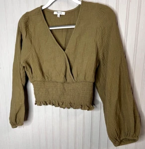 Madewell Women TOP M Boho Chic Cropped Olive Green Smock Waisted Peasant Sleeve - Picture 1 of 10