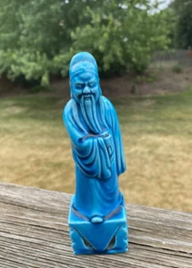 Antique Chinese Turquoise Blue Glaze Ceramic Vintage Deity Scholar Old Mudman - Picture 1 of 24