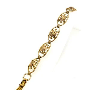 Vintage Signed 12k Gold Filled Retro Two Tone Floral Panel Link Chain Bracelet 5 - Picture 1 of 8