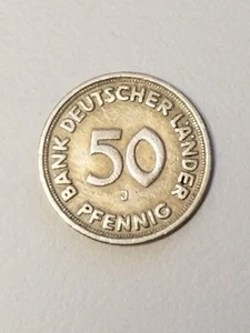 Seltene 50 Pfennig Münze Bank Deutscher Länder 1949 Prägung J BRD Mark Währung . - Bild 1 von 2