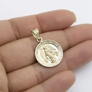 1" Round Textured Miraculous Mary Pendant Real 14K Yellow Gold - Picture 1 of 6